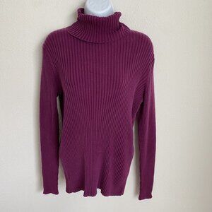 LL Bean Women's Large Turtleneck Sweater 100% Cotton Plum Ribbed